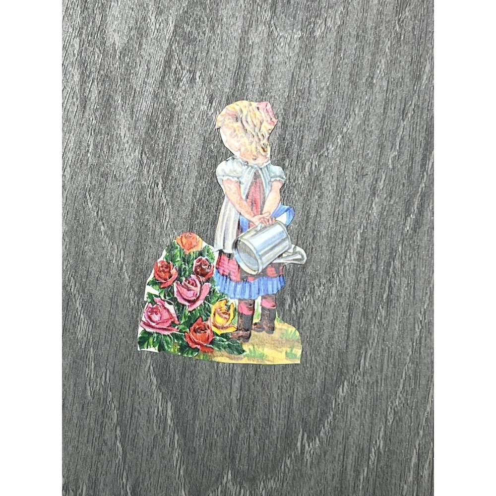 Vintage Die Cut Scrap Little Girl Watering Can Roses Floral Ephemera